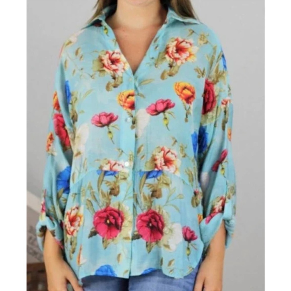 Umgee Lightweight Floral Button Down Shirt Womens Sz S Blue Red Beachy boho NWT